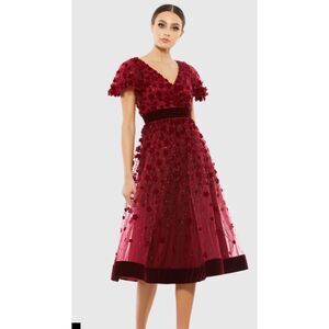 Dark Red Embellished Butterfly Sleeve Velvet Hem Midi Dress, NWT, 12